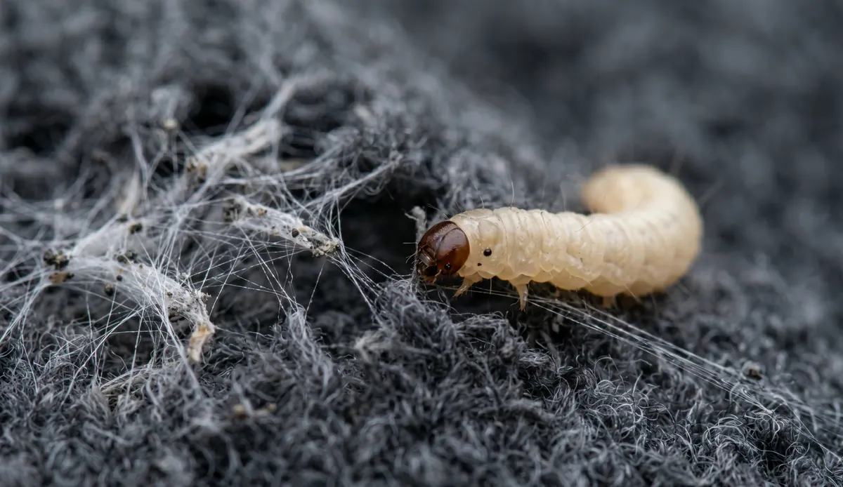 Makroaufnahme einer kleinen weißen Kleidermotten Larve mit braunem Kopf auf dunklem Stoff