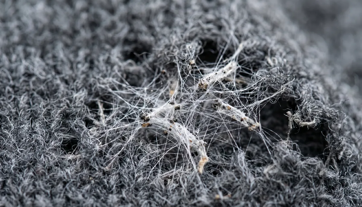 Makroaufnahme eines Kleidermotten Nests aus seidenen Gespinsten auf einem grauen Wollpullover