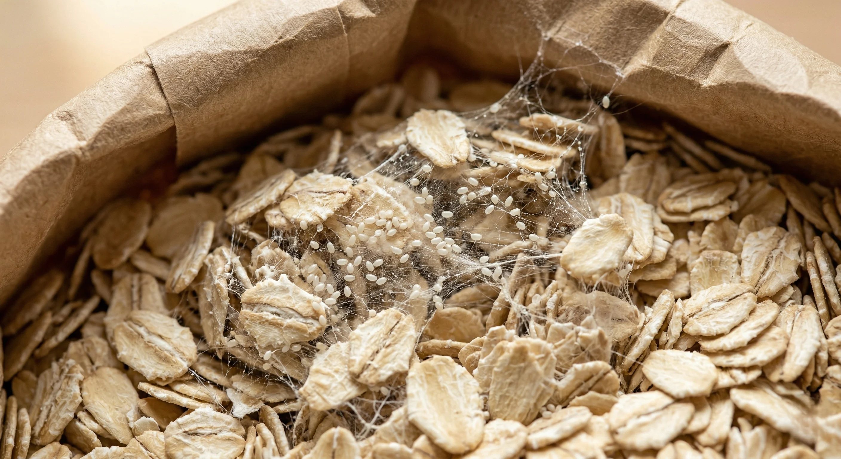 Lebensmittelmotten Eier Bilder — Typischer Befall mit Eiern und Gespinsten in Küchenprodukten