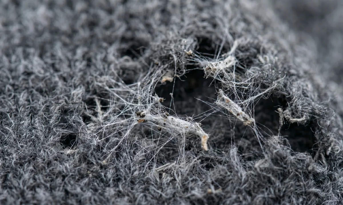 Nahaufnahme eines beschädigten Wollpullovers mit typischen unregelmäßigen Mottenlöchern