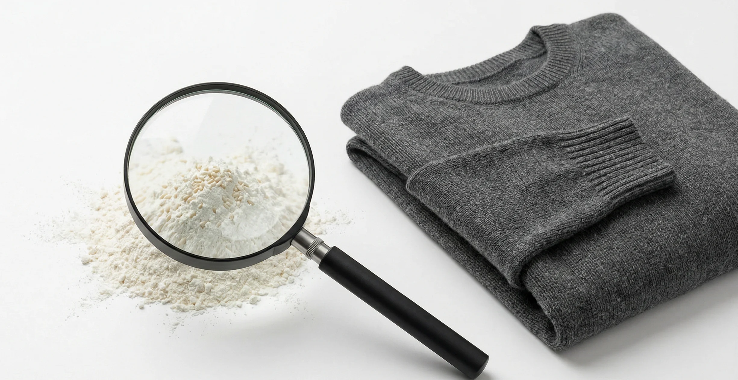 Motteneier erkennen — Lupe über Mehl mit winzigen weißen Eiern neben grauem Wollpullover auf weißem Hintergrund