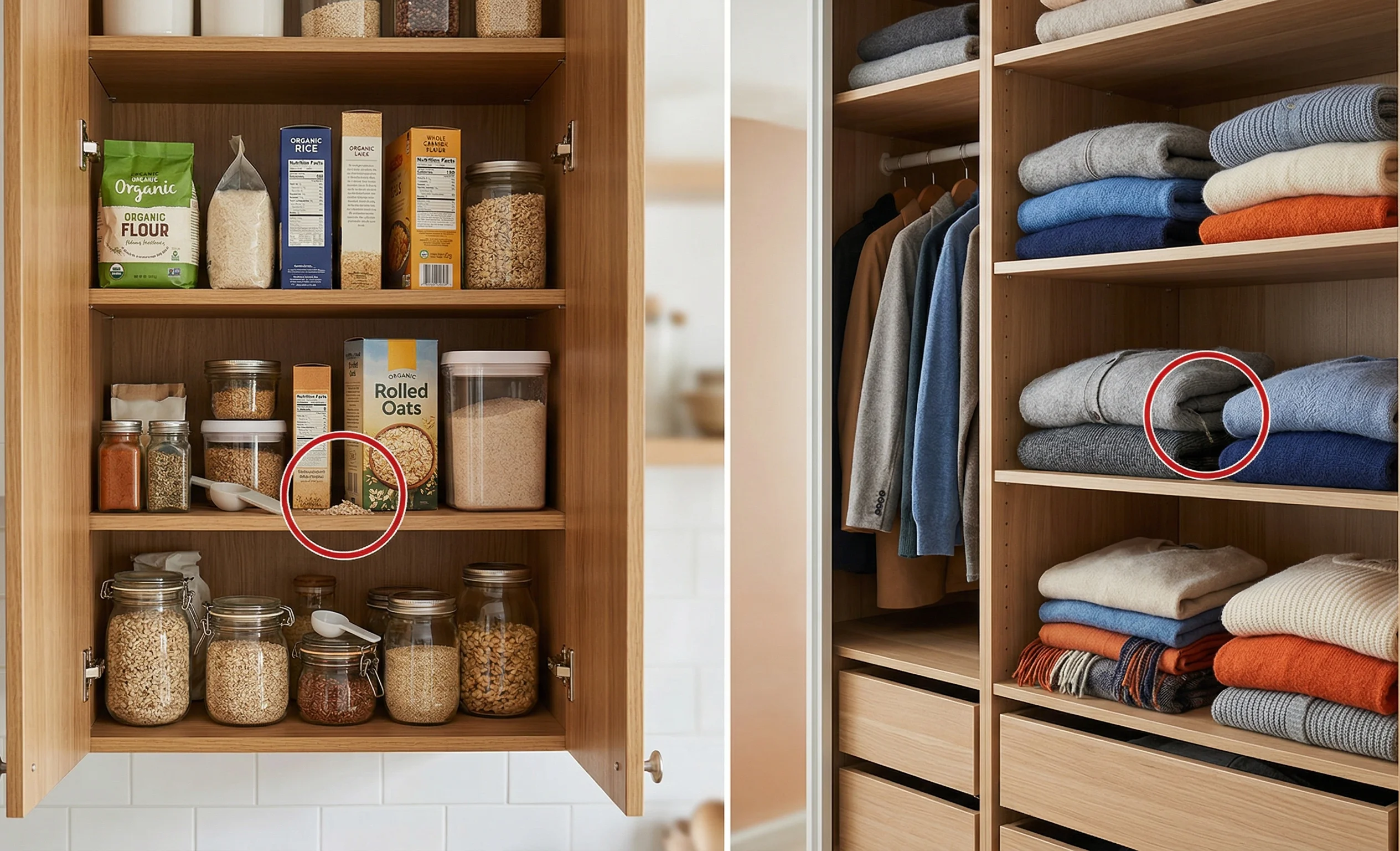 Wo legen Motten Eier ab — Bilder von typischen Verstecken: Küchenschrank und Kleiderschrank