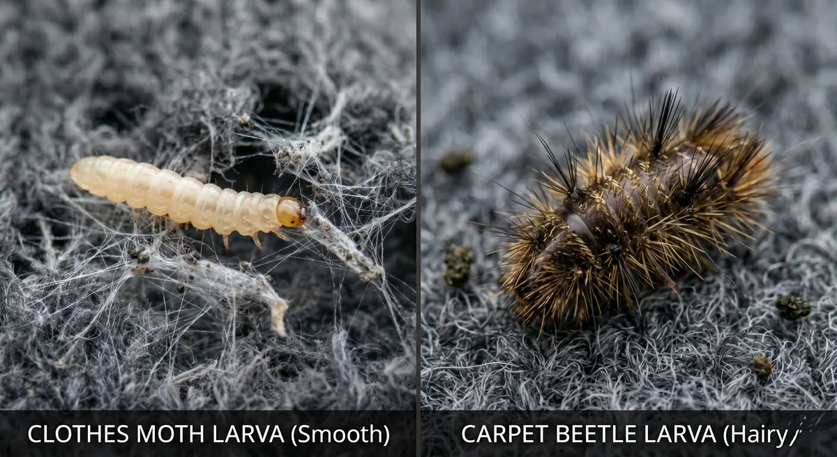 Vergleichsfoto: Glatte weiße Kleidermotten Larve neben einer haarigen, borstigen braunen Pelzkäfer Larve